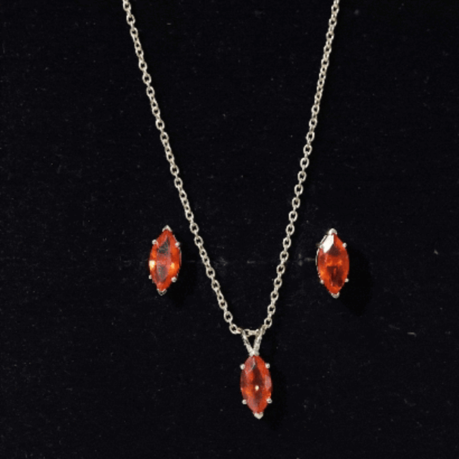 Genuine Marquise Cut Fire Opal Solitaire Necklace and Earring Set