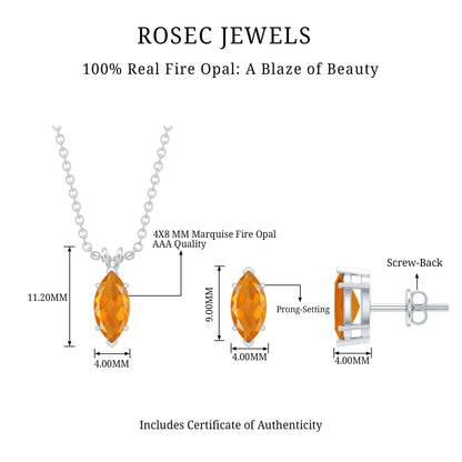 Genuine Marquise Cut Fire Opal Solitaire Necklace and Earring Set