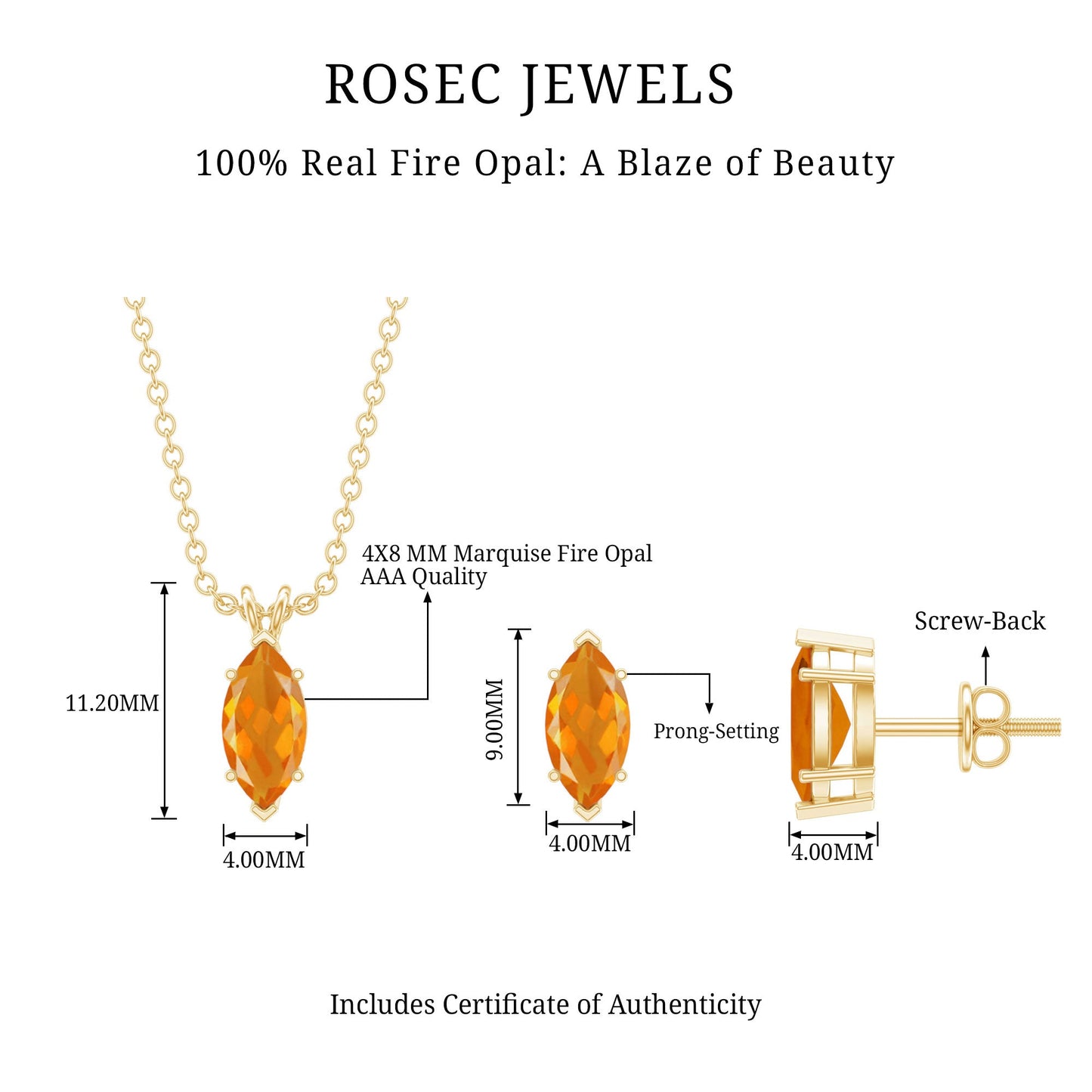 Genuine Marquise Cut Fire Opal Solitaire Necklace and Earring Set