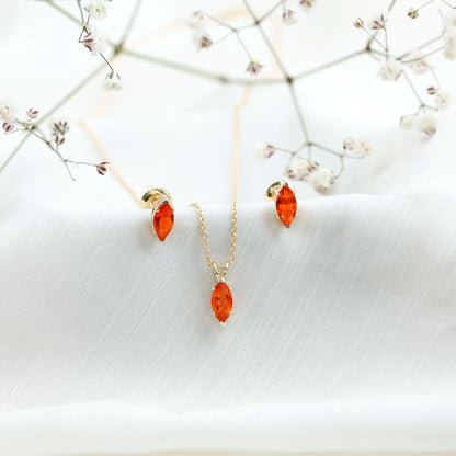 Genuine Marquise Cut Fire Opal Solitaire Necklace and Earring Set