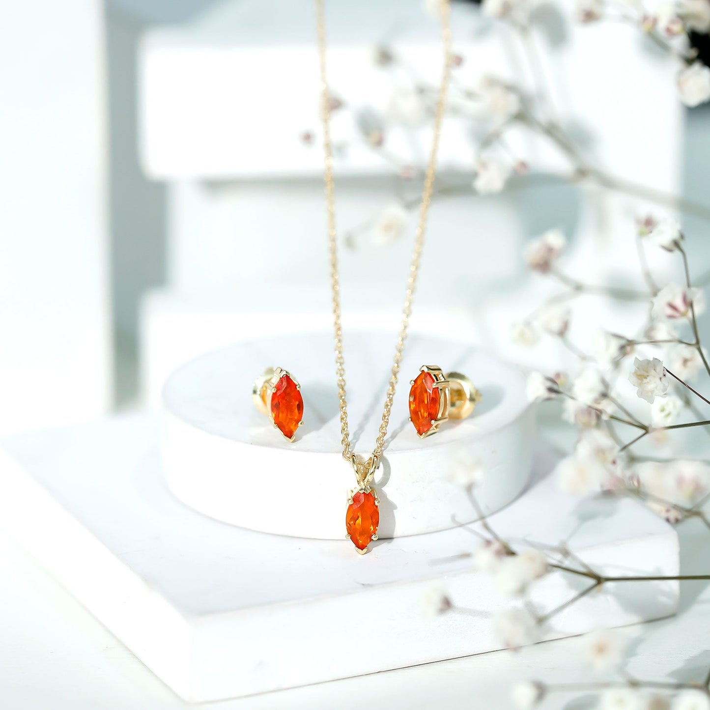 Genuine Marquise Cut Fire Opal Solitaire Necklace and Earring Set