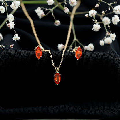Genuine Marquise Cut Fire Opal Solitaire Necklace and Earring Set