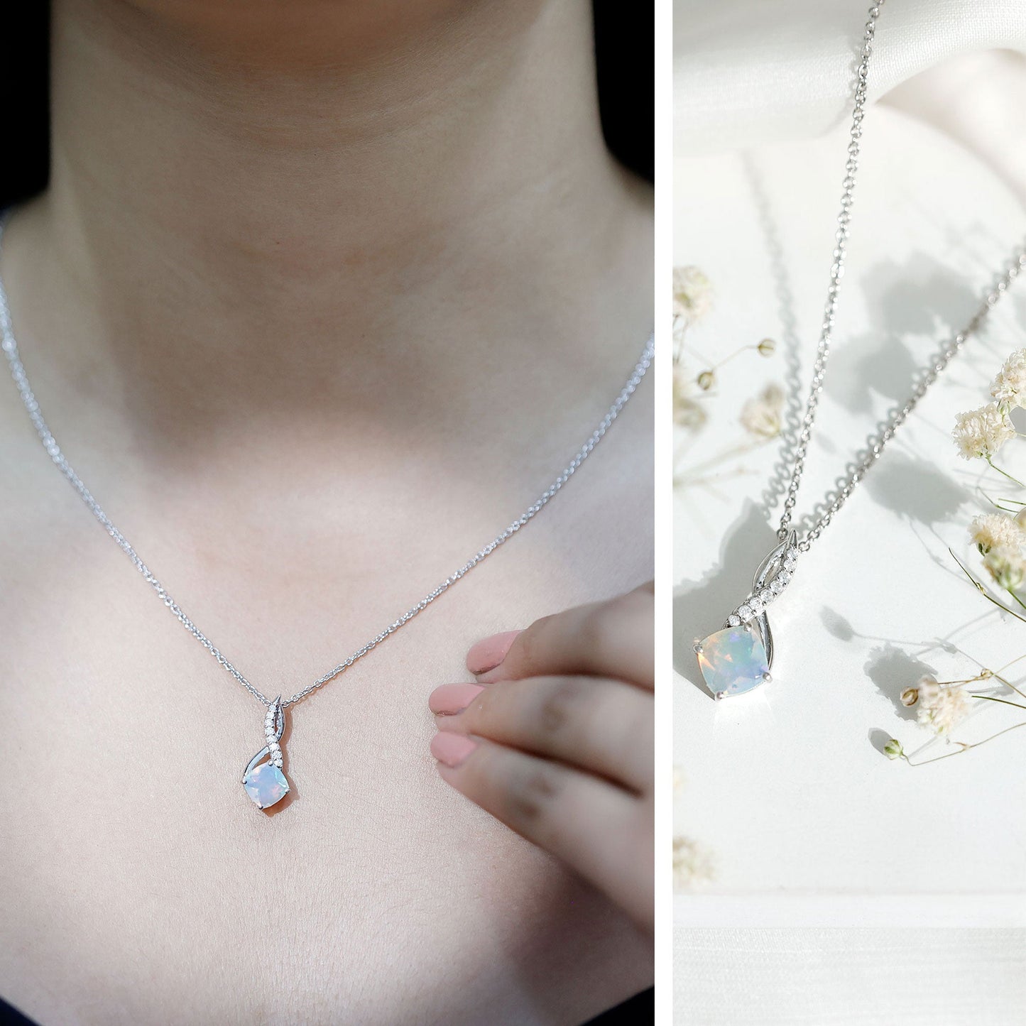 1.87 Carat Cushion Cut Ethiopian Opal Infinity Pendant with Silver Chain