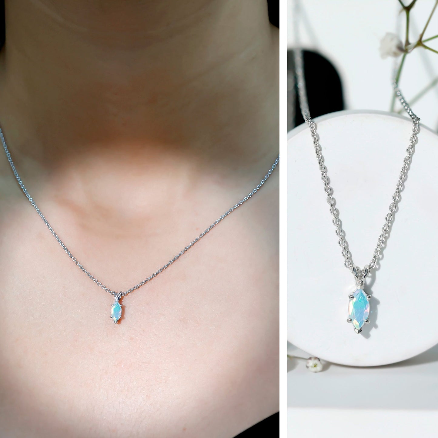 Marquise Cut 0.5 Carat Ethiopian Opal Solitaire Necklace with Silver Chain