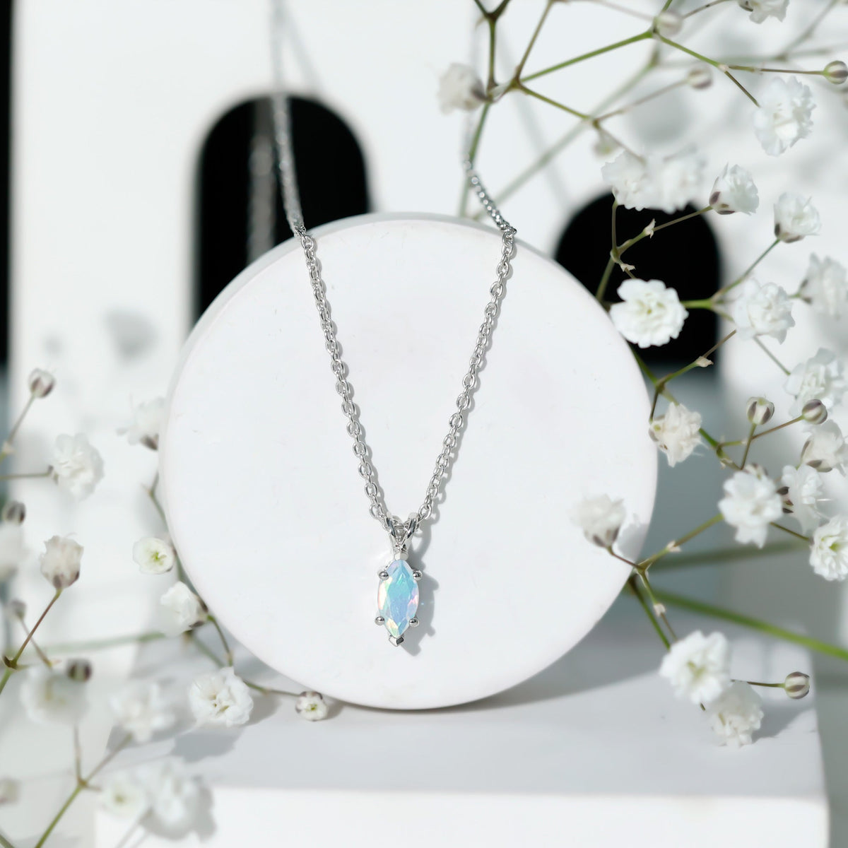 Marquise Cut 0.5 Carat Ethiopian Opal Solitaire Necklace with Silver Chain