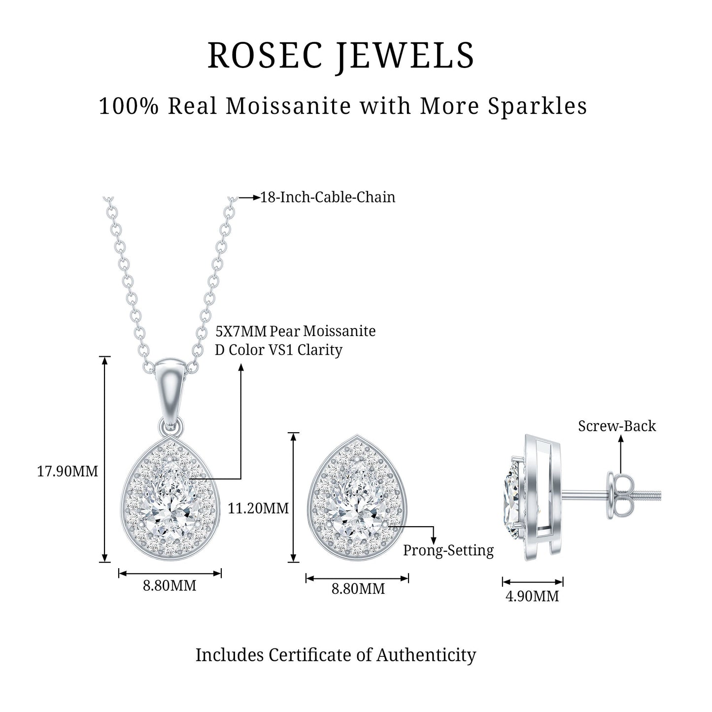 Sterling Silver Moissanite Teardrop Necklace and Earrings Set
