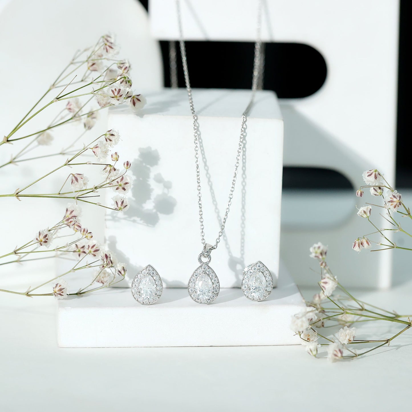 Sterling Silver Moissanite Teardrop Necklace and Earrings Set