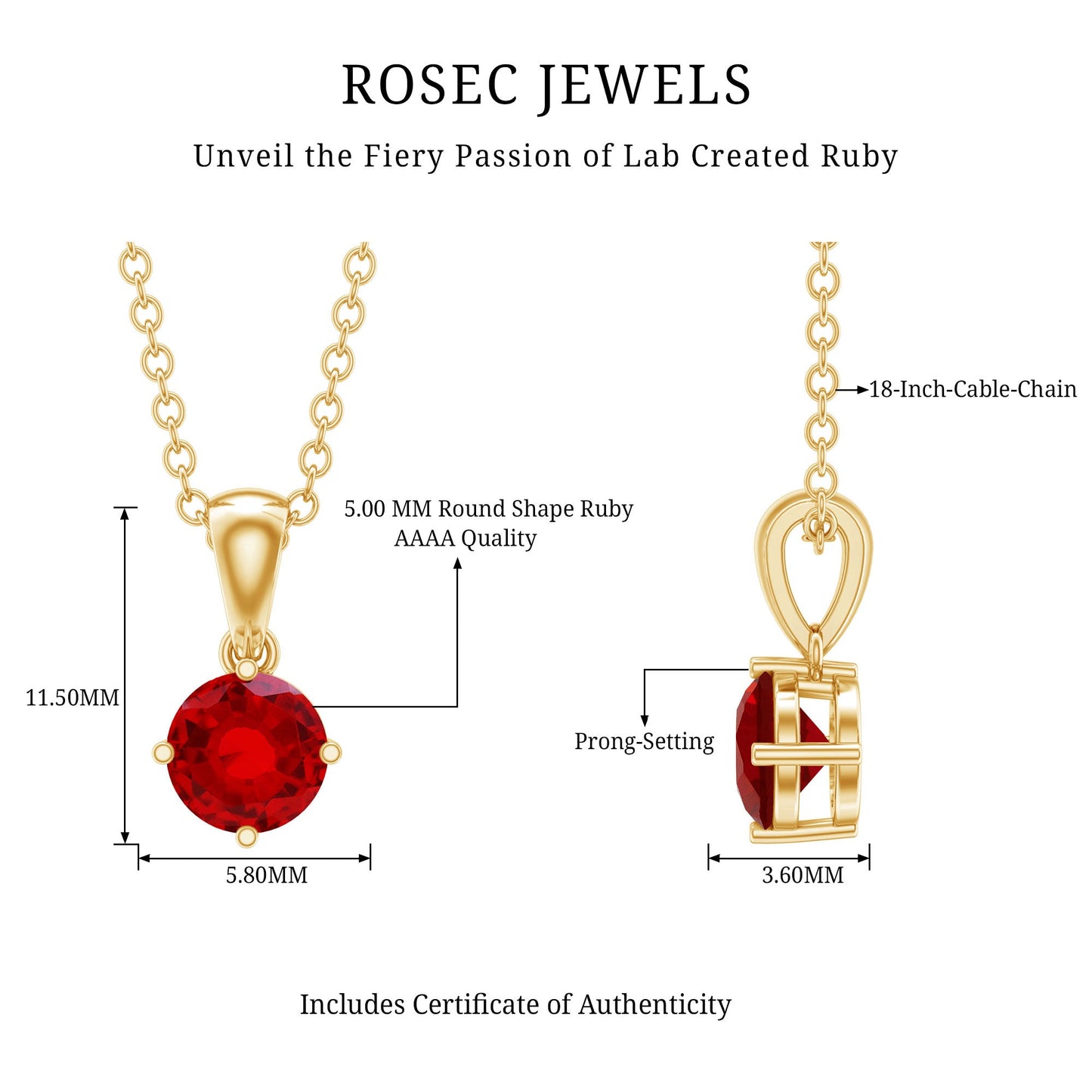 Womens Lab Grown Ruby Solitaire Necklace with Chain