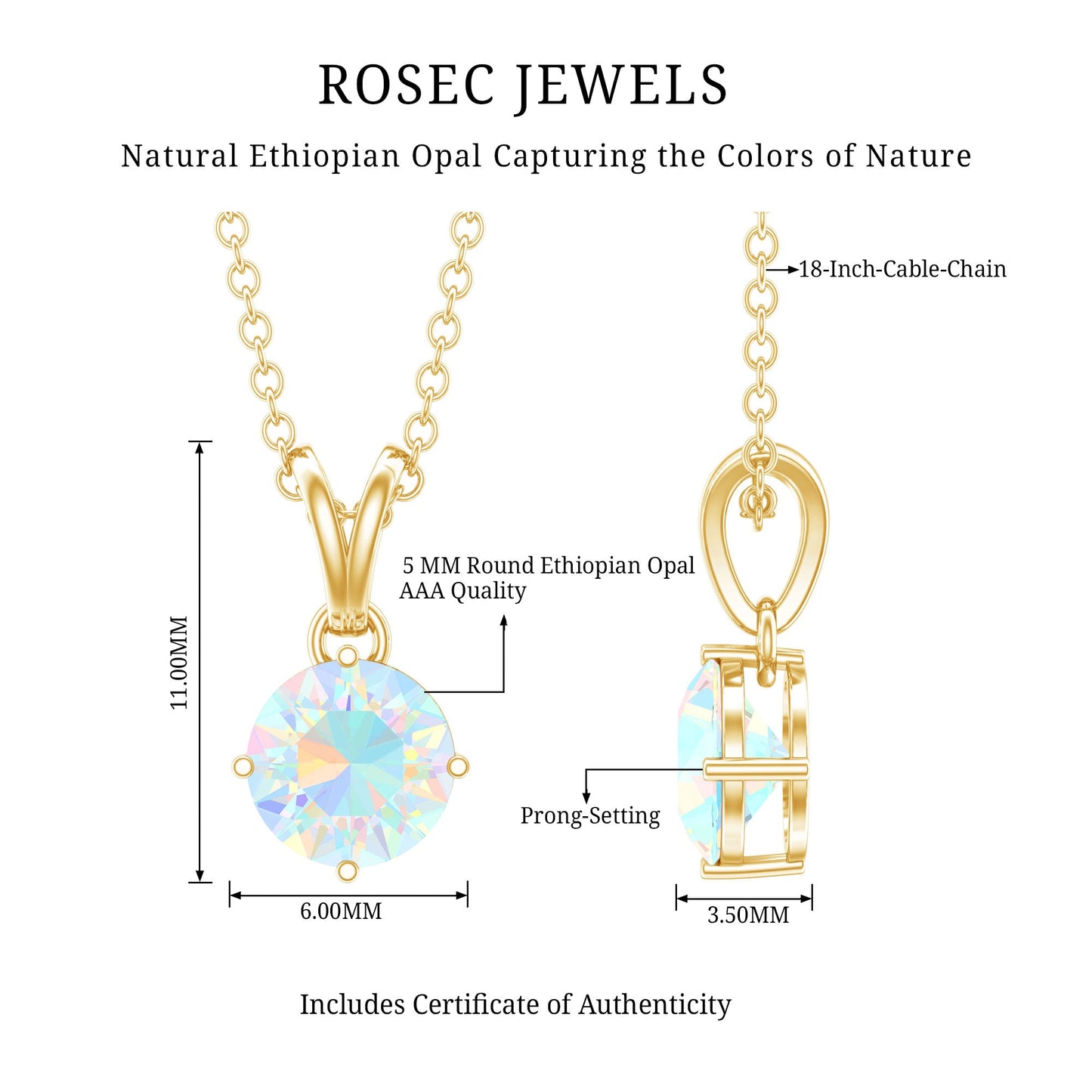 1/2 CT Round Cut Ethiopian Opal Solitaire Pendant