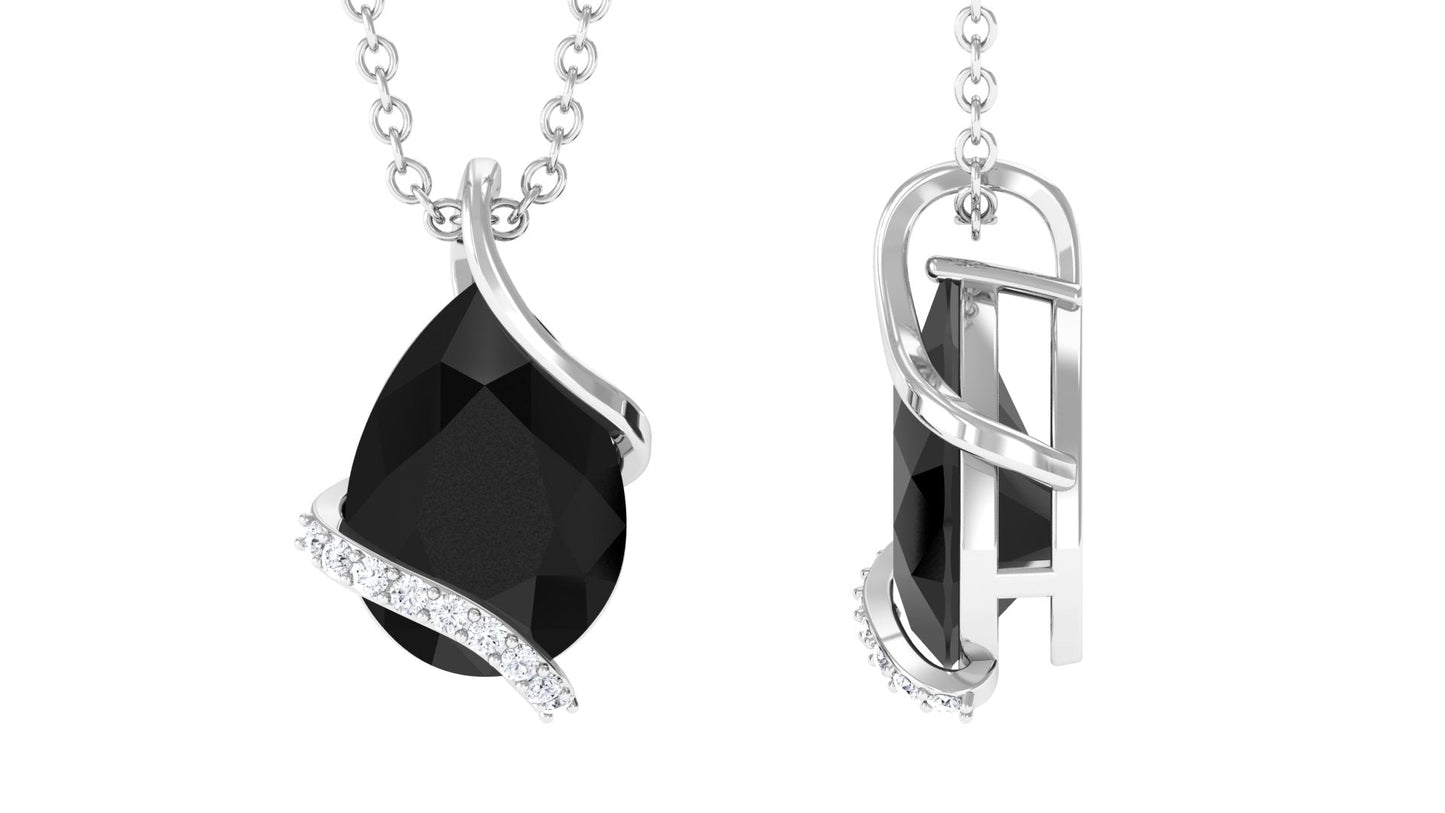 Natural 1.75 Carat Pear Shape Black Spinel Pendant Necklace with Diamond