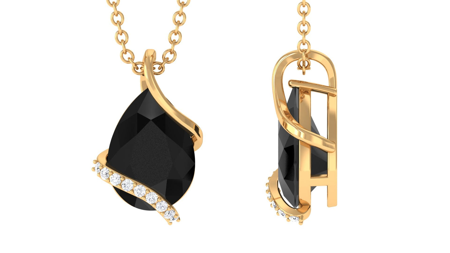Natural 1.75 Carat Pear Shape Black Spinel Pendant Necklace with Diamond