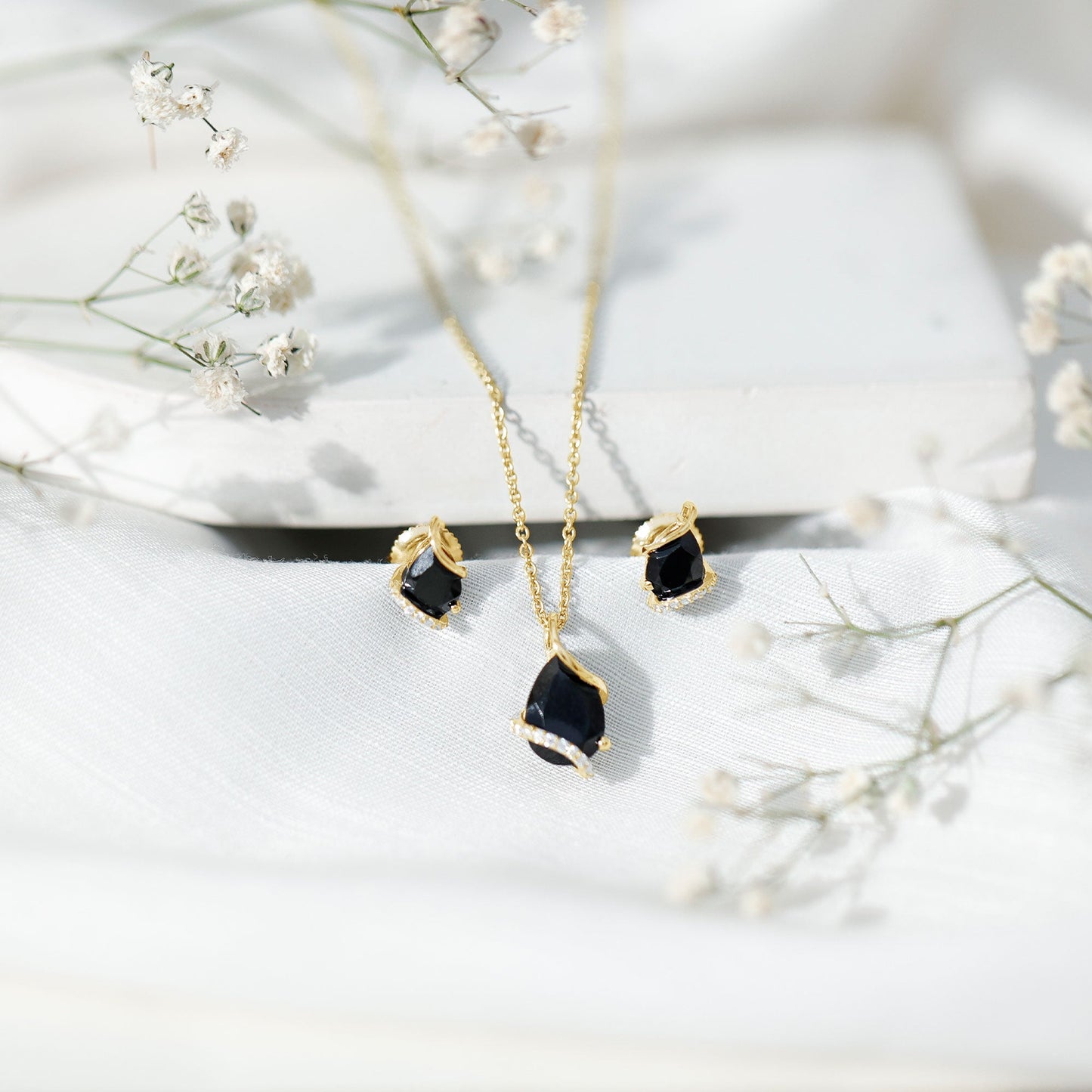 Pear Shaped Black Spinel and Moissanite Teardrop Necklace Earrings Set