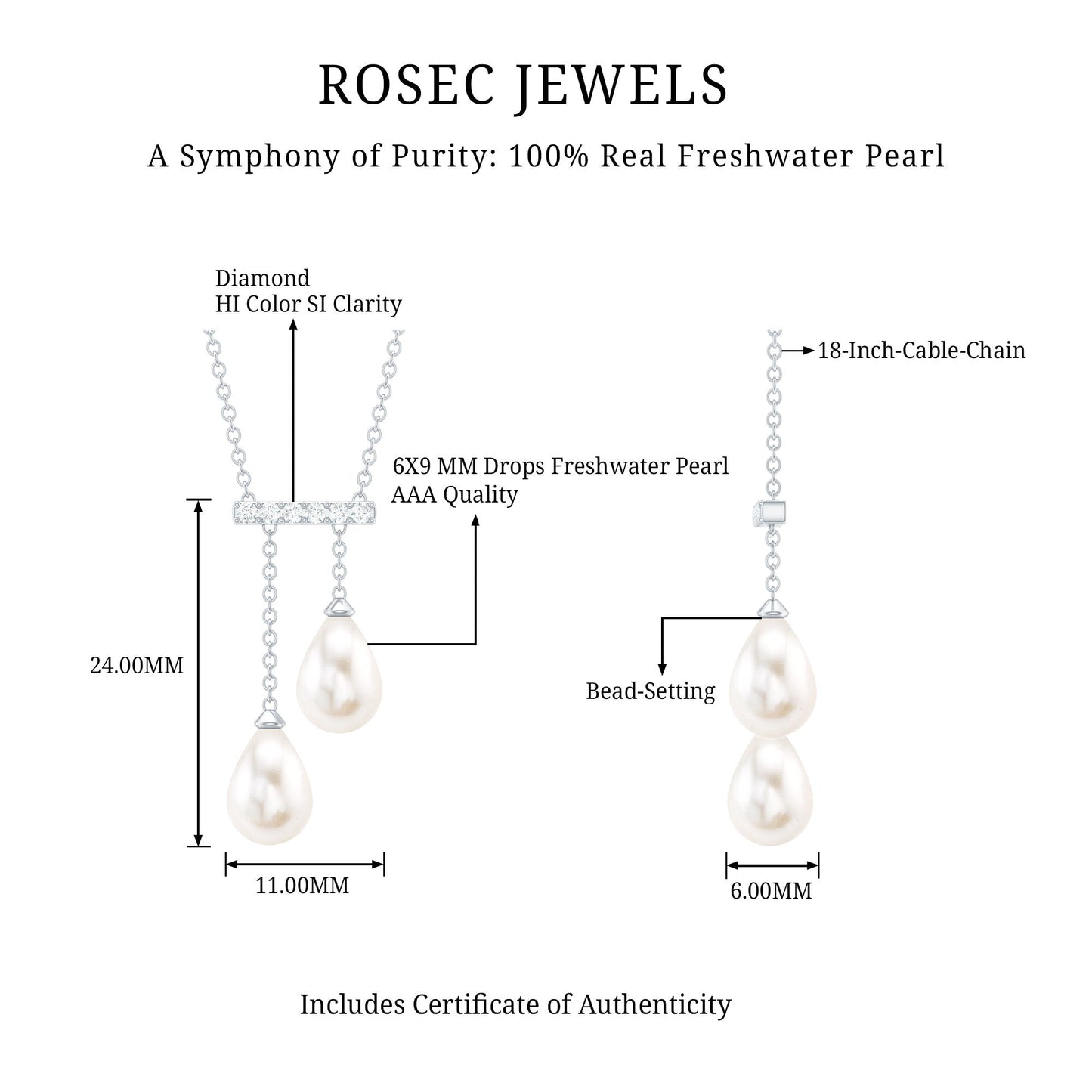 Genuine Freshwater Pearl and Diamond Bar Drop Necklace with Certificate