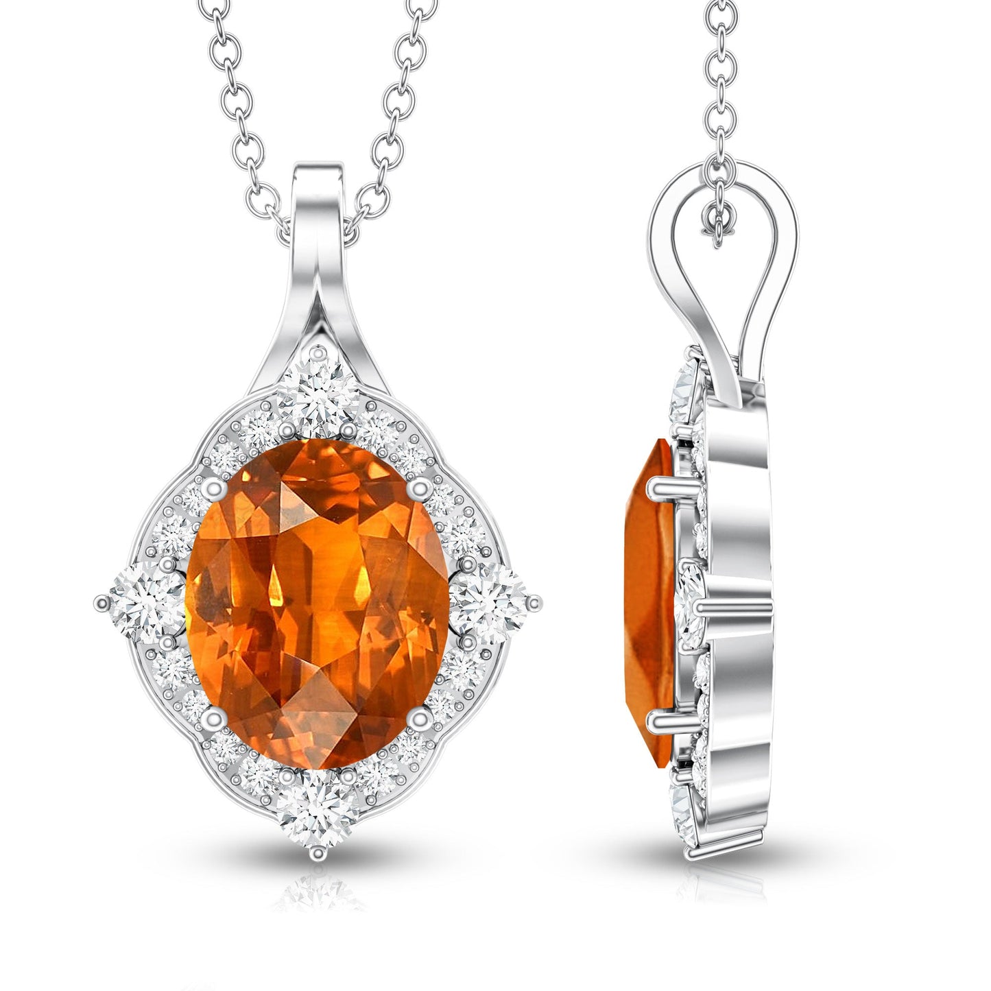 Vintage Looking 4 Carat Created Orange Sapphire Oval Pendant with Diamond Halo