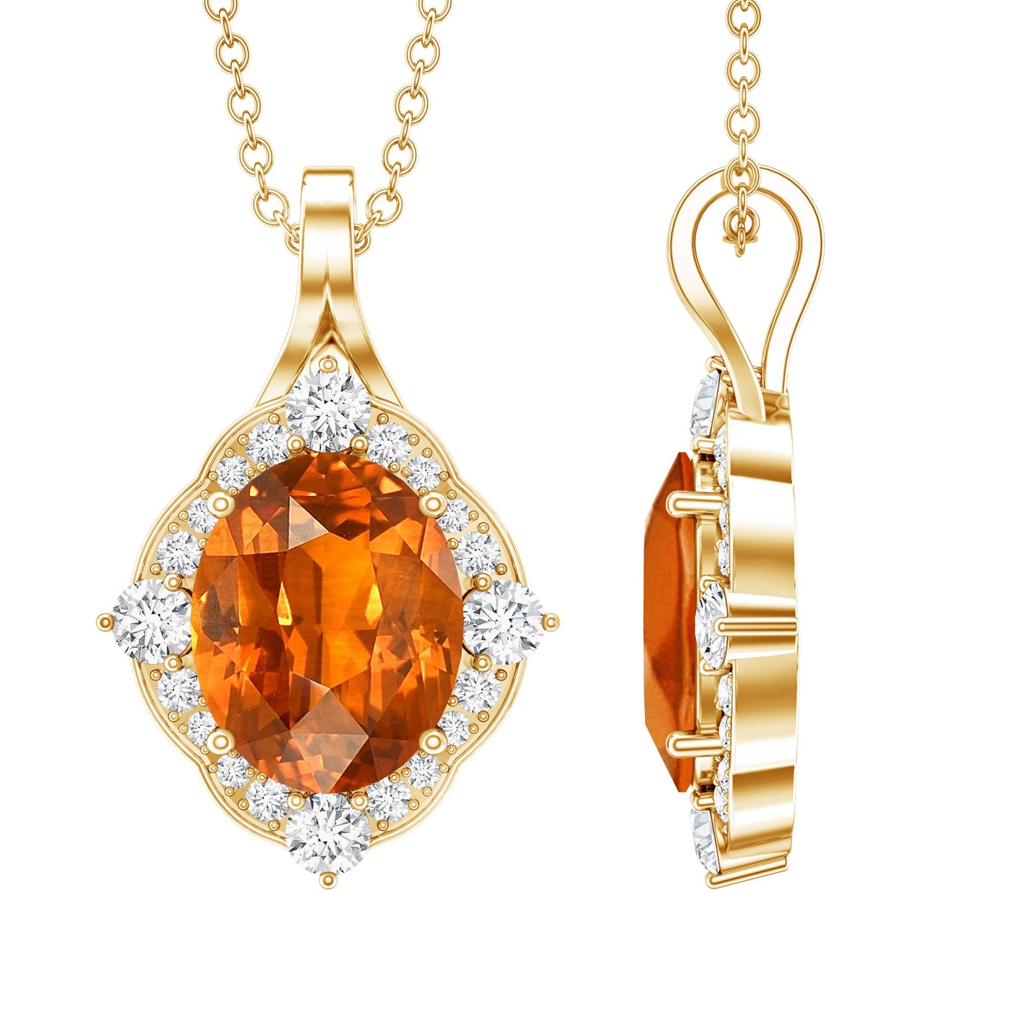 Vintage Looking 4 Carat Created Orange Sapphire Oval Pendant with Diamond Halo