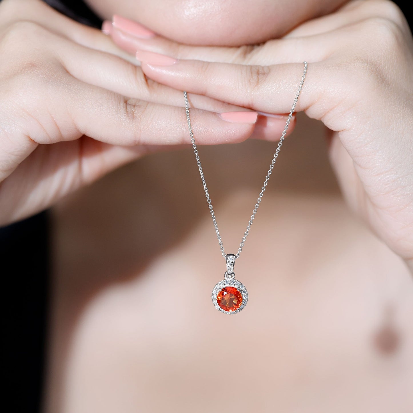 Created Orange Sapphire Pendant Necklace with Diamond Halo