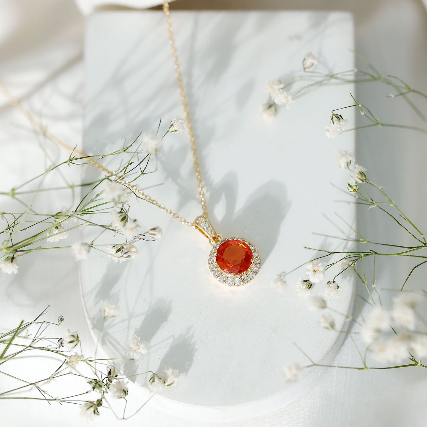 Created Orange Sapphire Pendant Necklace with Diamond Halo