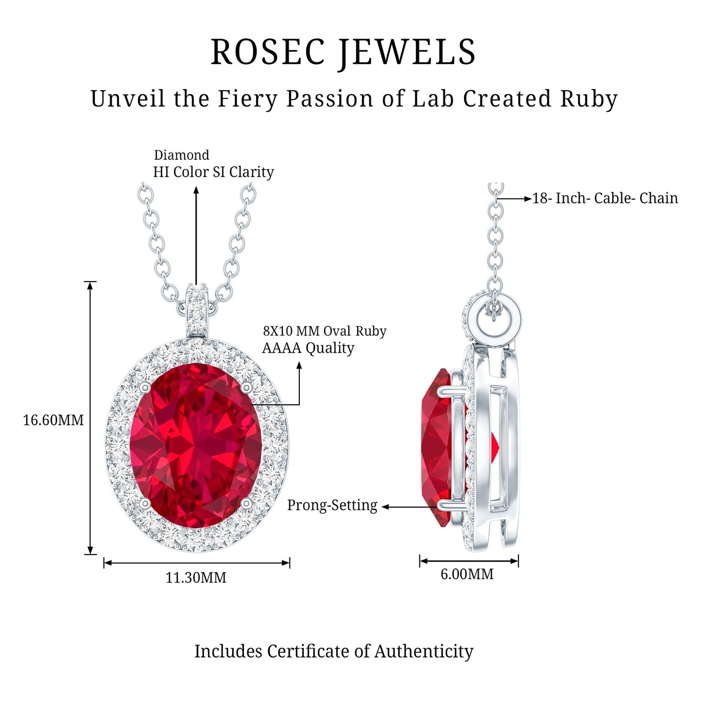 4 Carat Lab Created Ruby and Diamond Bridal Necklace with Chain