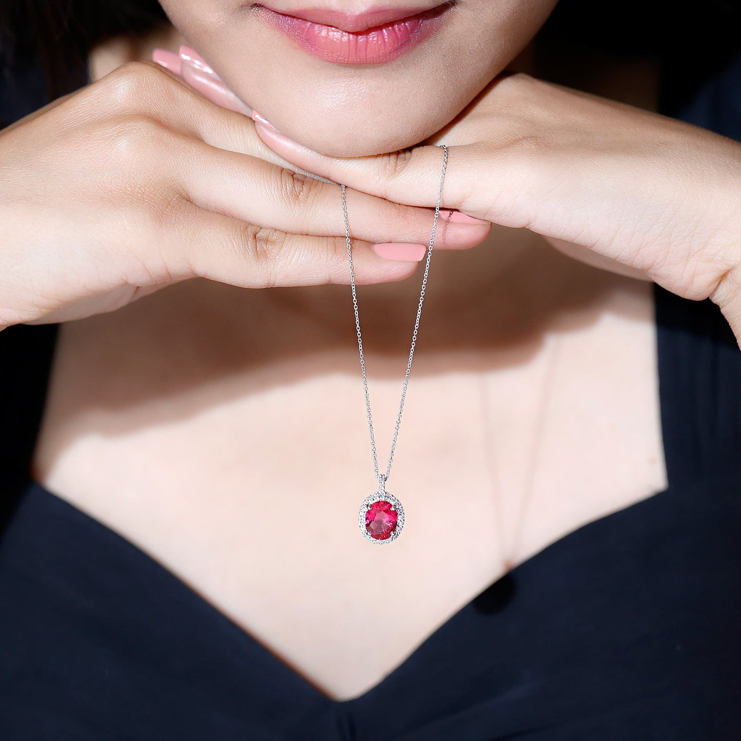 4 Carat Lab Created Ruby and Diamond Bridal Necklace with Chain