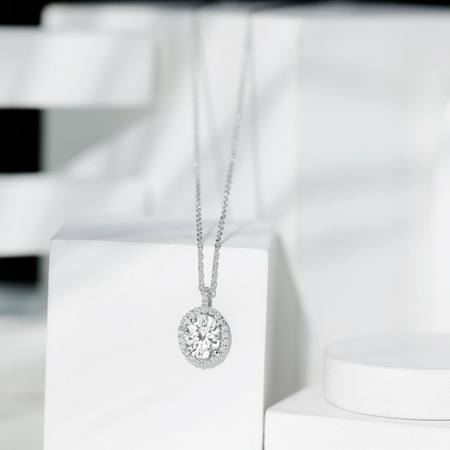Certified 8X10 MM Oval Cubic Zirconia Halo Pendant with Chain