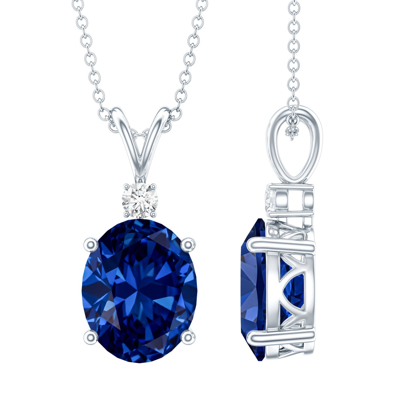 4 Carat Lab Grown Blue Sapphire Oval Cut Solitaire Necklace with Silver Chain
