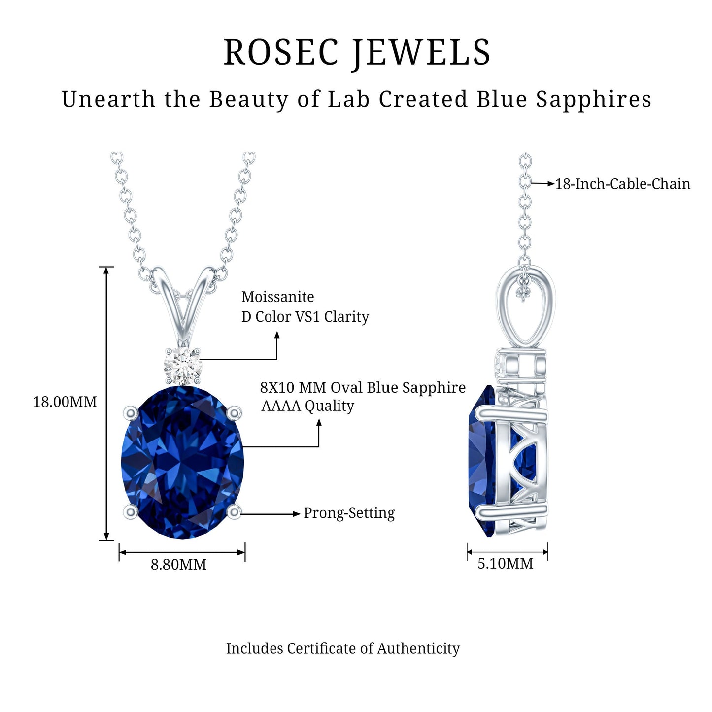 4 Carat Lab Grown Blue Sapphire Oval Cut Solitaire Necklace with Silver Chain