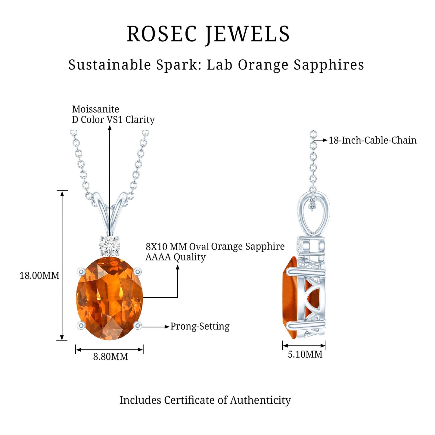 Oval Lab Created Orange Sapphire Solitaire Necklace with Chain