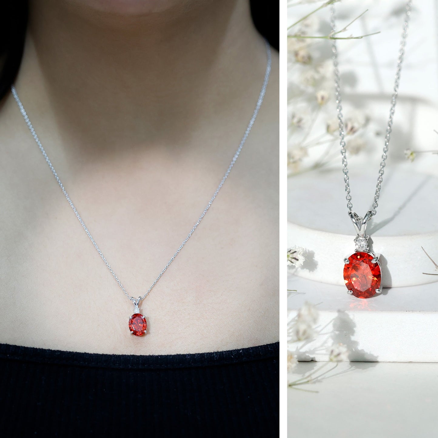Oval Lab Created Orange Sapphire Solitaire Necklace with Chain