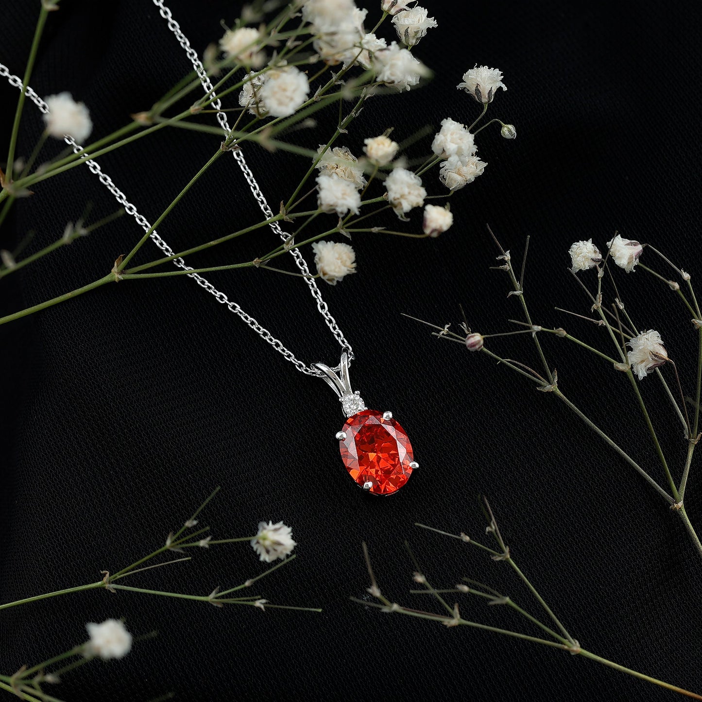 Oval Lab Created Orange Sapphire Solitaire Necklace with Chain