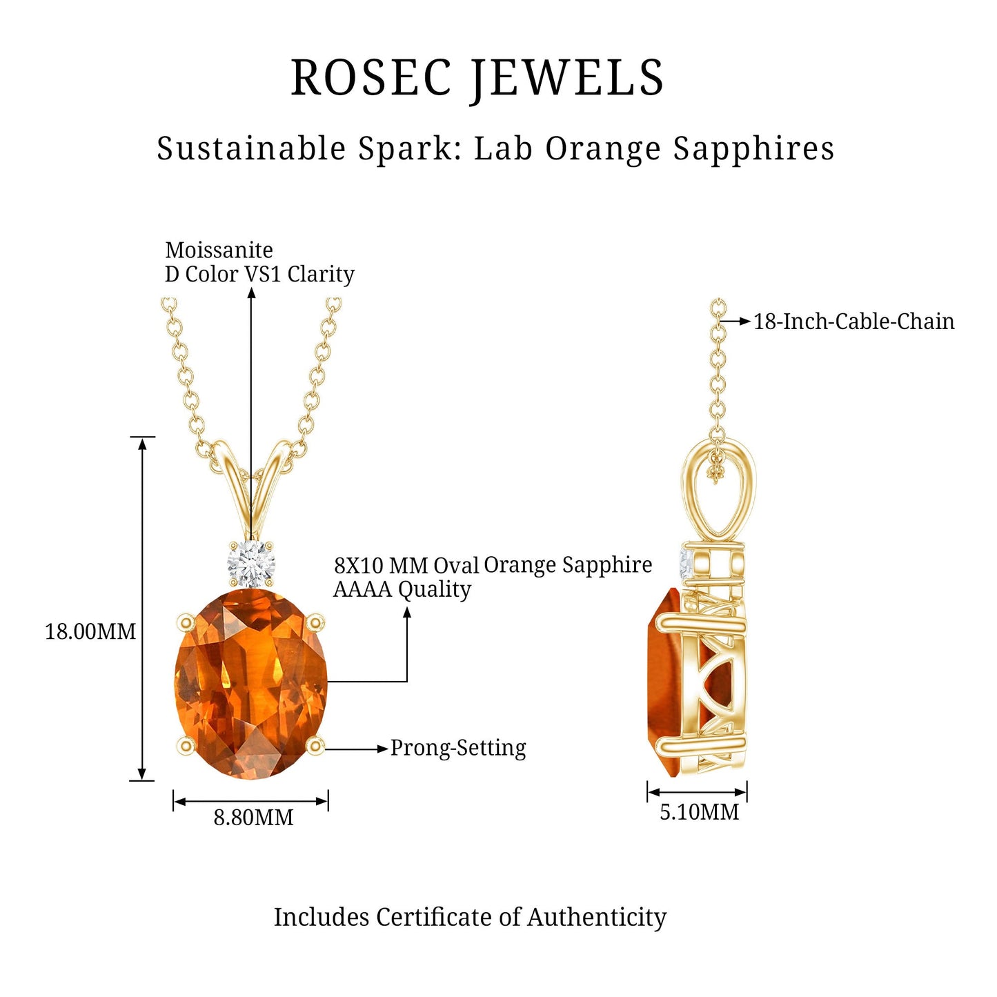 Oval Lab Created Orange Sapphire Solitaire Necklace with Chain