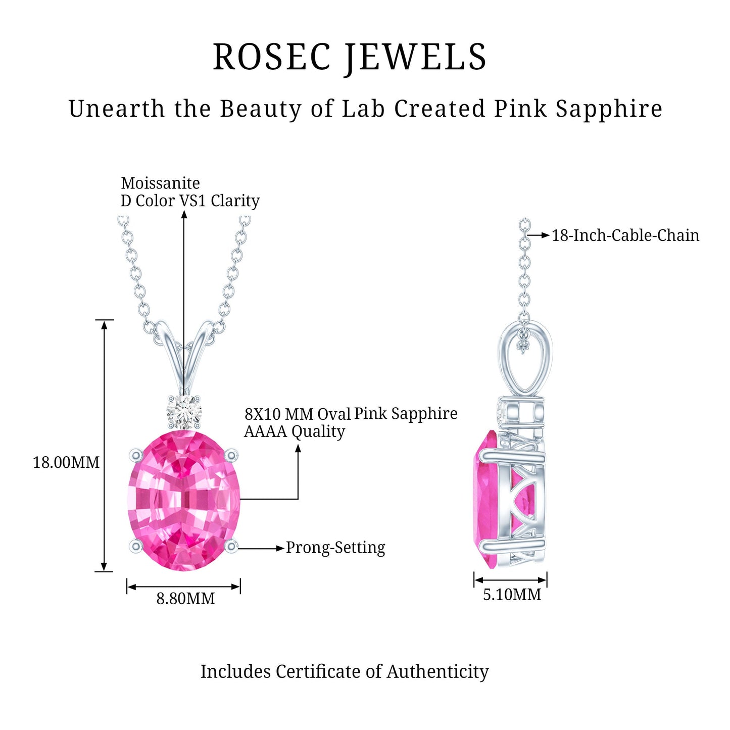 Certified 4 Carat Lab Grown Pink Sapphire Oval Necklace with Silver Chain