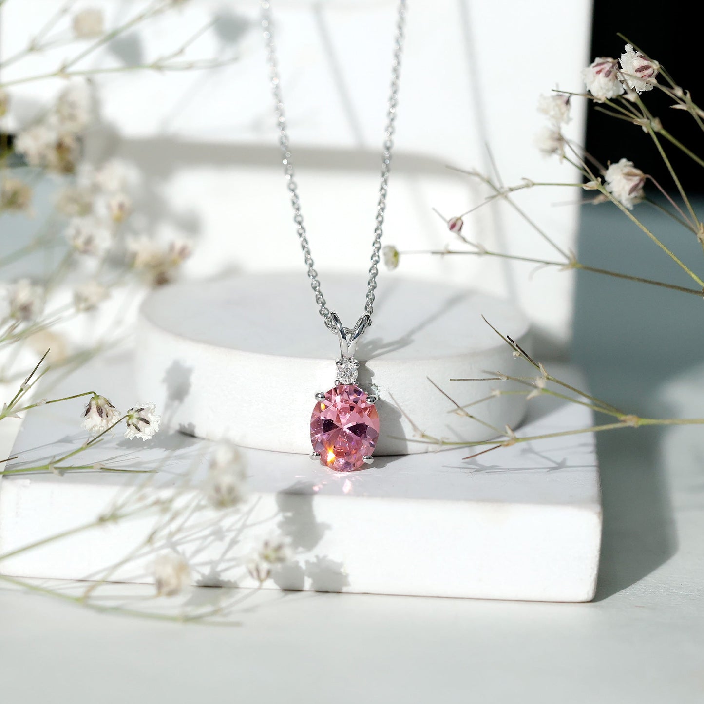 Certified 4 Carat Lab Grown Pink Sapphire Oval Necklace with Silver Chain