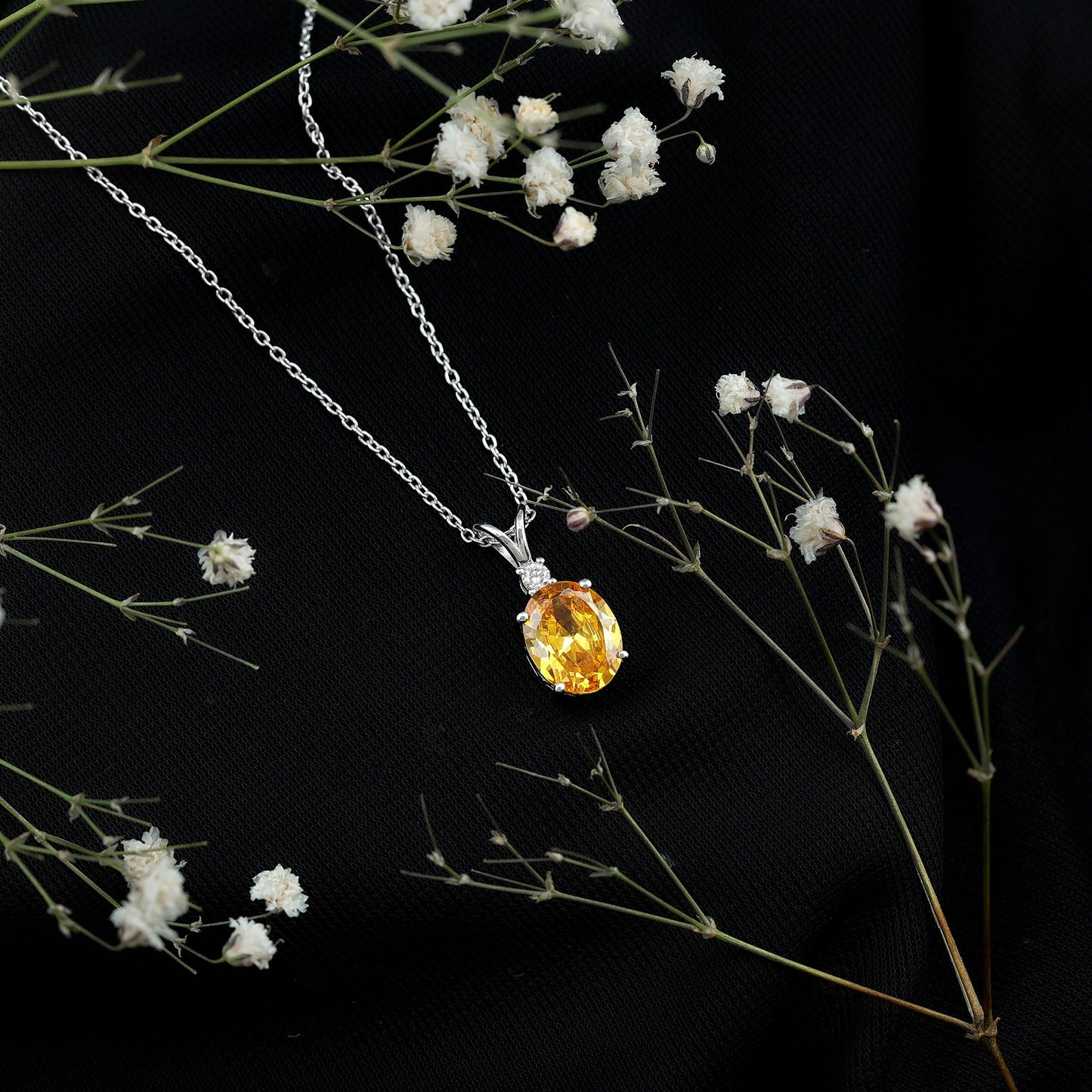 4 Carat Lab Grown Yellow Sapphire Oval Necklace with Silver Chain