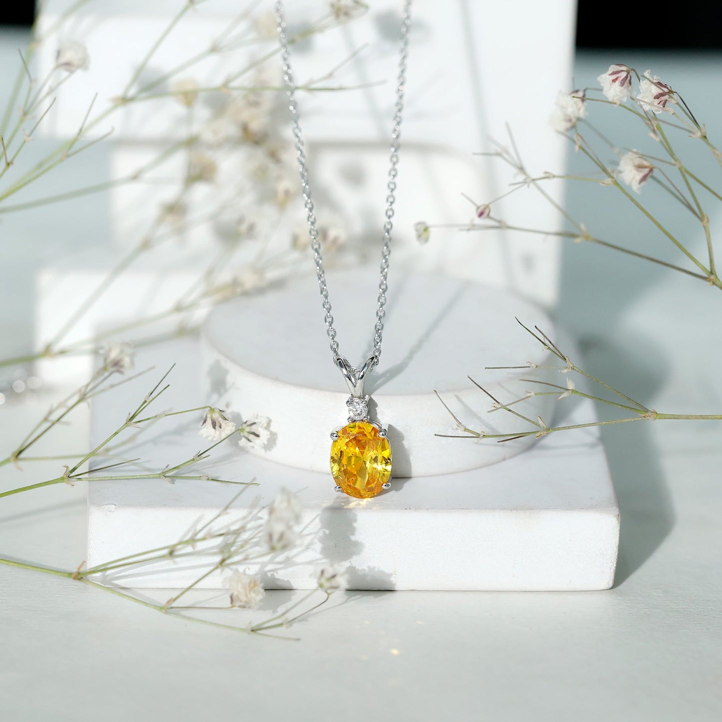 4 Carat Lab Grown Yellow Sapphire Oval Necklace with Silver Chain