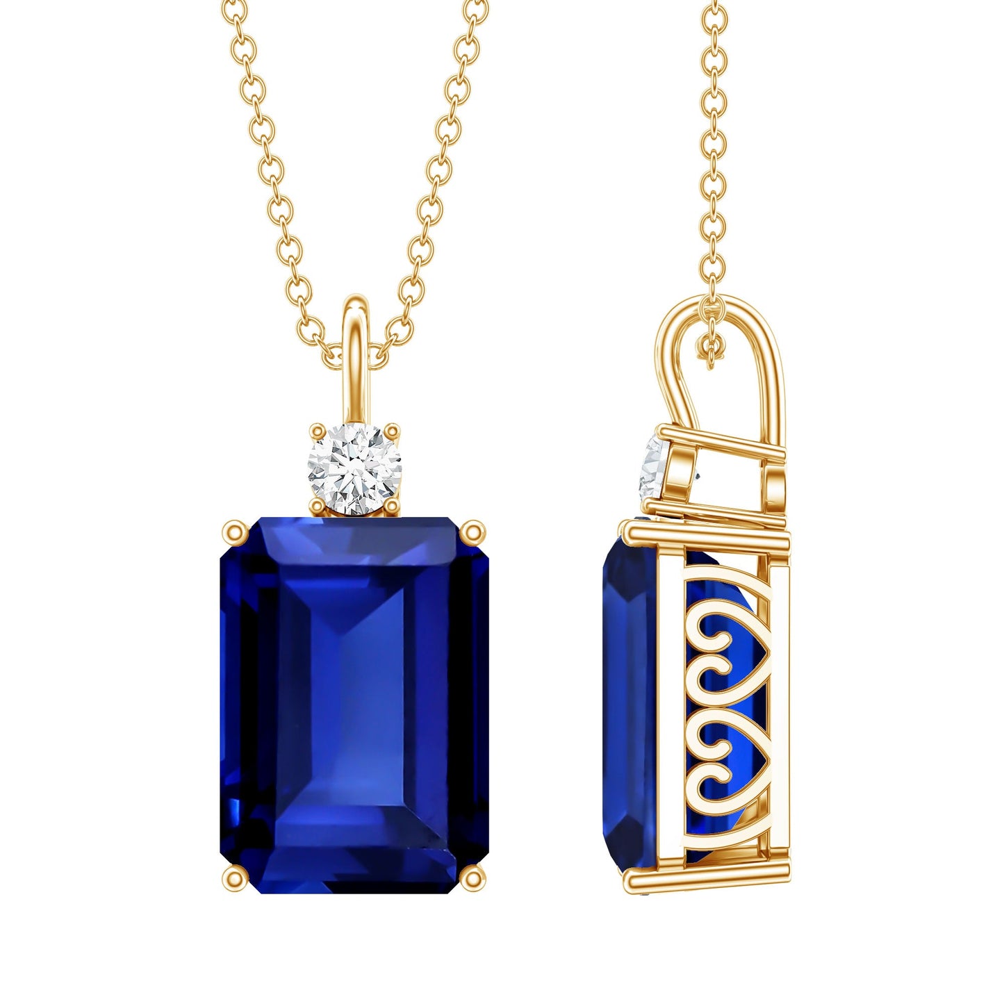 9 Carat Lab Grown Blue Sapphire Emerald Cut Necklace with Diamond