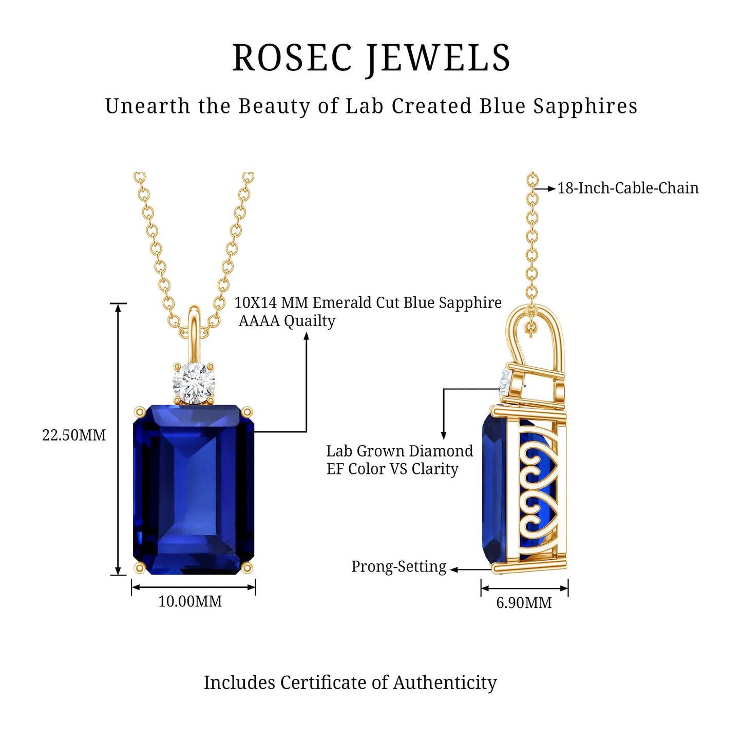 9 Carat Lab Grown Blue Sapphire Emerald Cut Necklace with Diamond