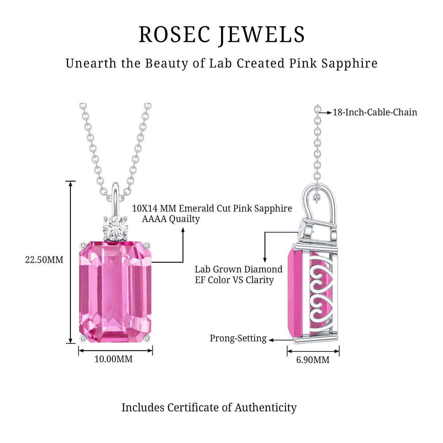9 Carat Emerald Cut Lab Created Pink Sapphire Pendant with Diamond