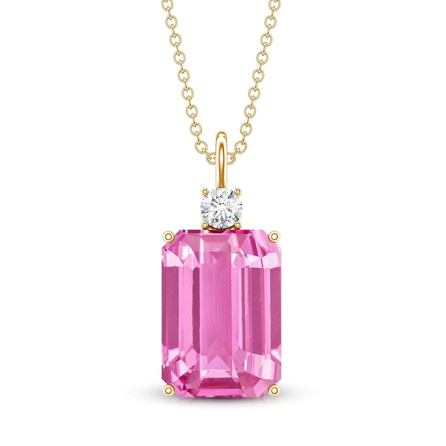 9 Carat Emerald Cut Lab Created Pink Sapphire Pendant with Diamond