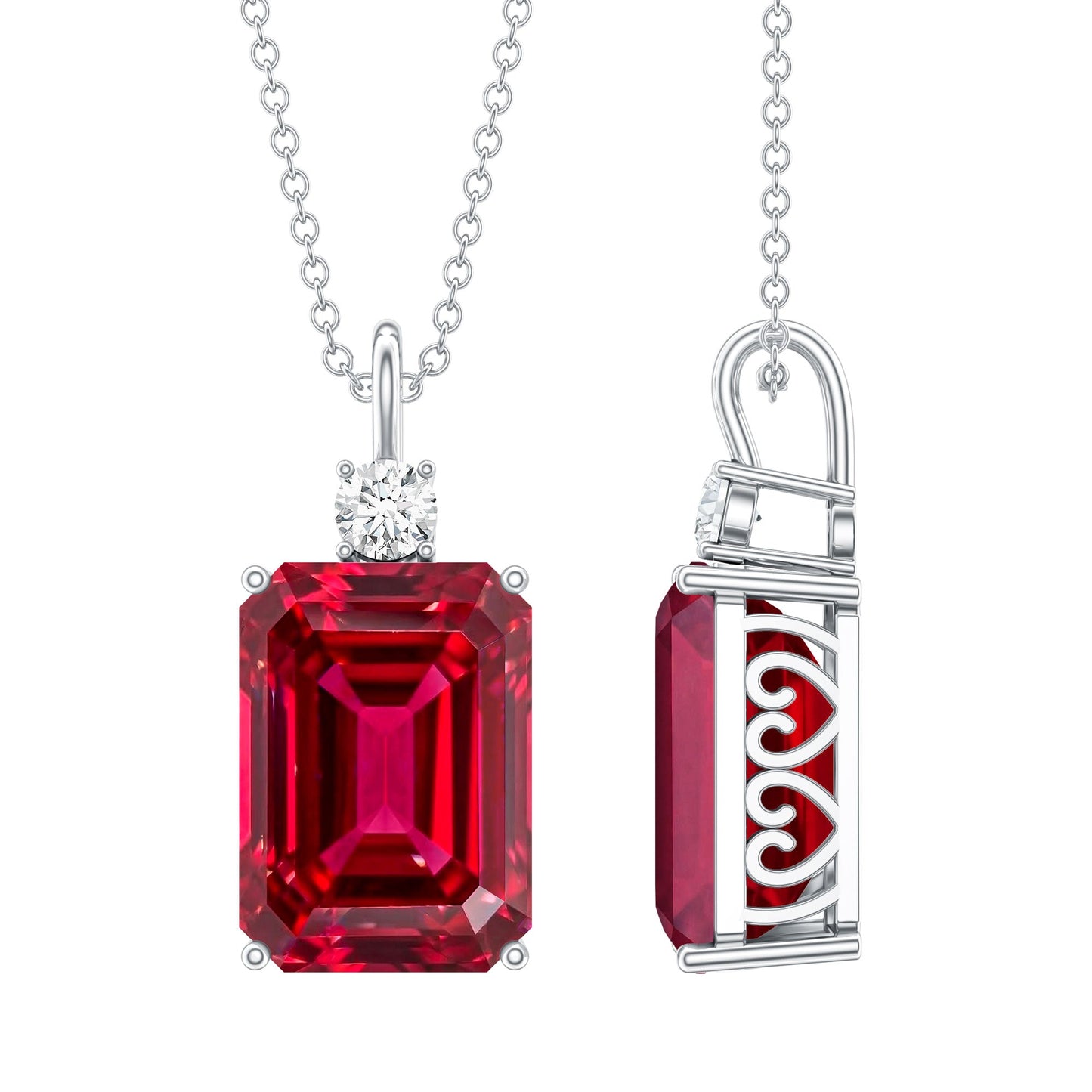 5 Carat Emerald Cut Lab Created Ruby Solitaire Pendant with Diamond