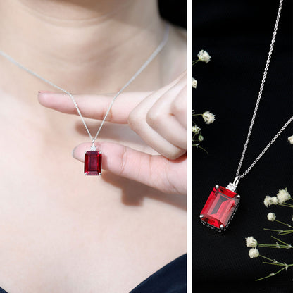 5 Carat Emerald Cut Lab Created Ruby Solitaire Pendant with Diamond