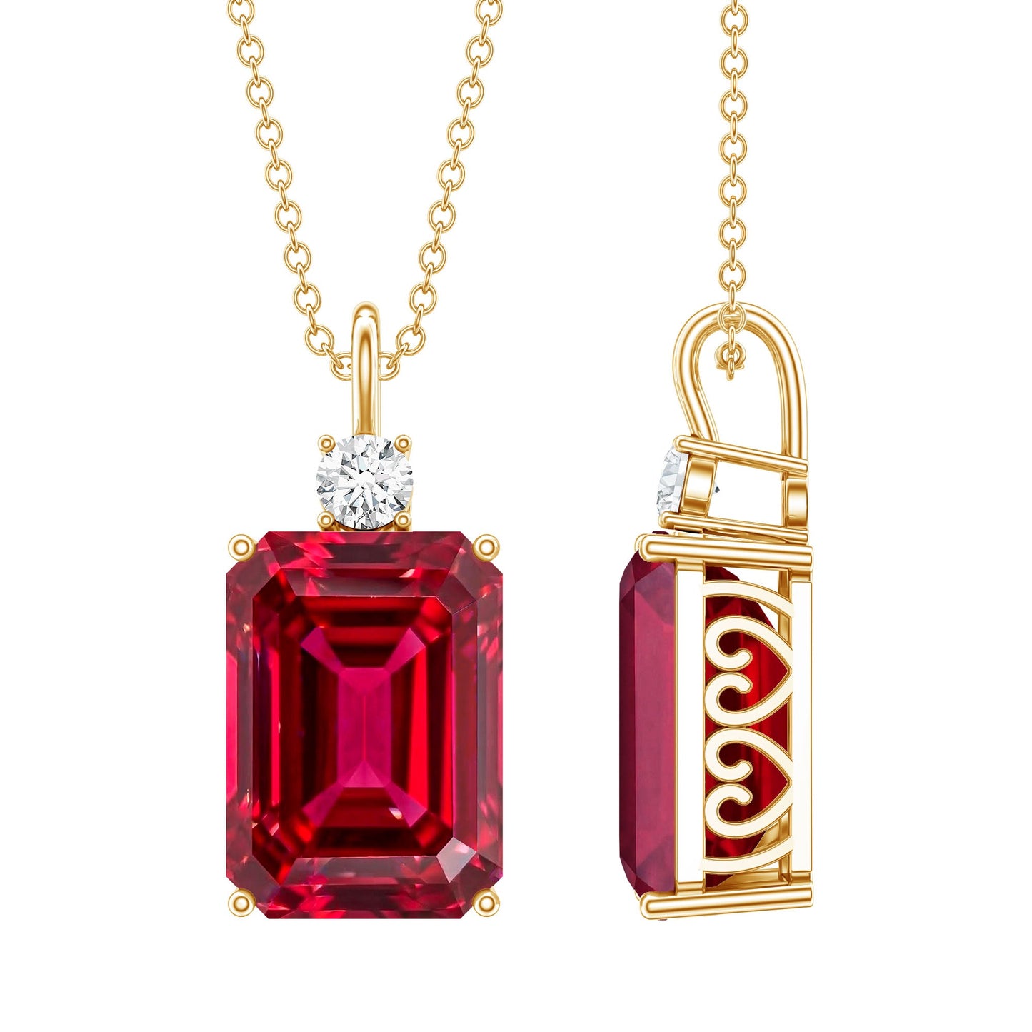 5 Carat Emerald Cut Lab Created Ruby Solitaire Pendant with Diamond