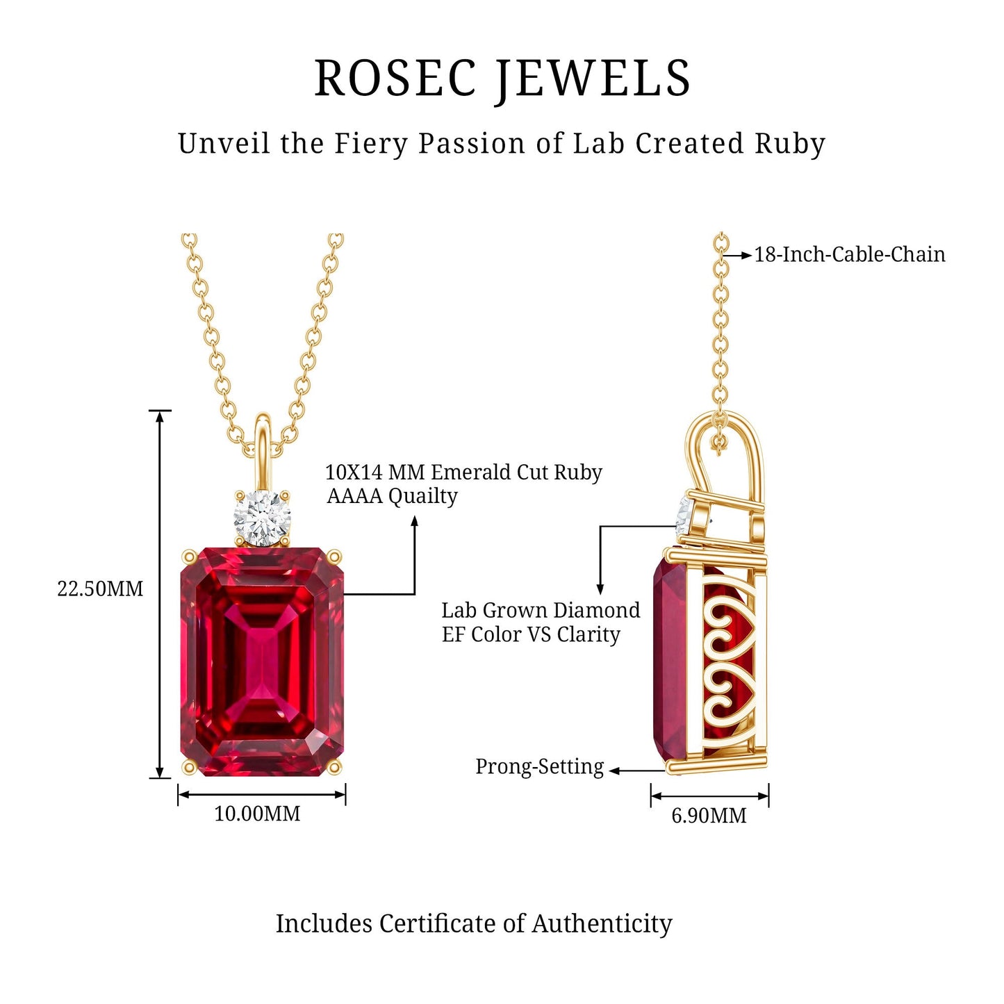 5 Carat Emerald Cut Lab Created Ruby Solitaire Pendant with Diamond