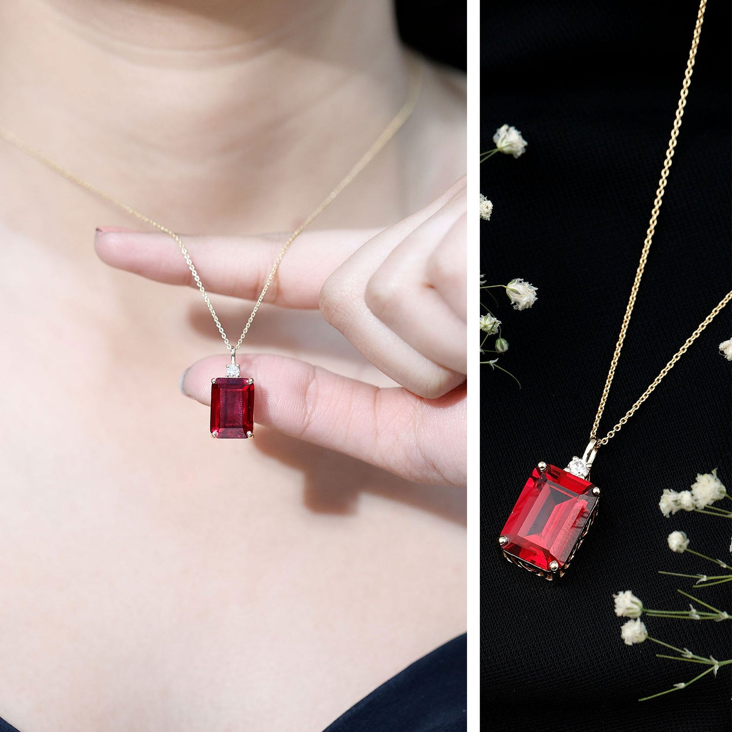 5 Carat Emerald Cut Lab Created Ruby Solitaire Pendant with Diamond