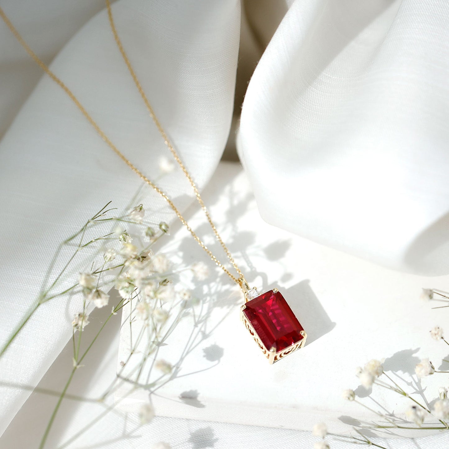 5 Carat Emerald Cut Lab Created Ruby Solitaire Pendant with Diamond