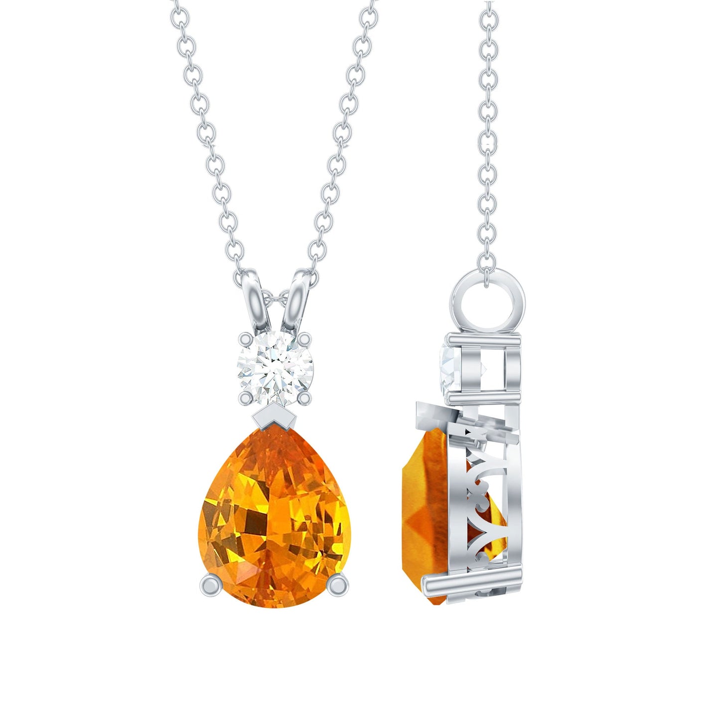 3.3 Carat Lab Created Orange Sapphire Teardrop Necklace with Diamond