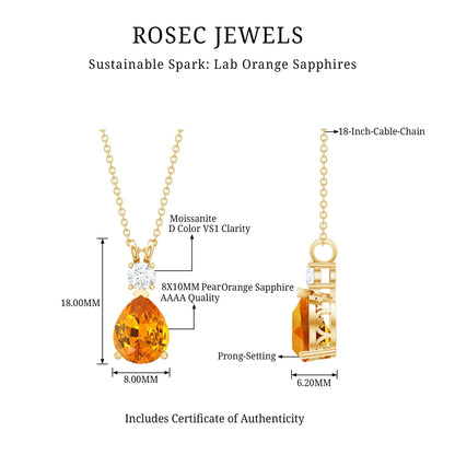 3.3 Carat Lab Created Orange Sapphire Teardrop Necklace with Diamond