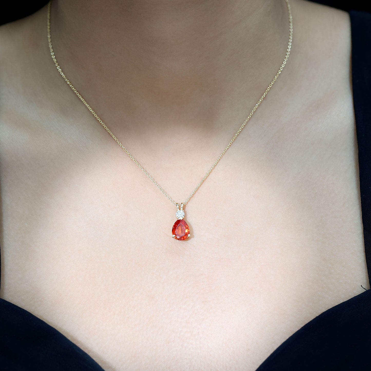 3.3 Carat Lab Created Orange Sapphire Teardrop Necklace with Diamond