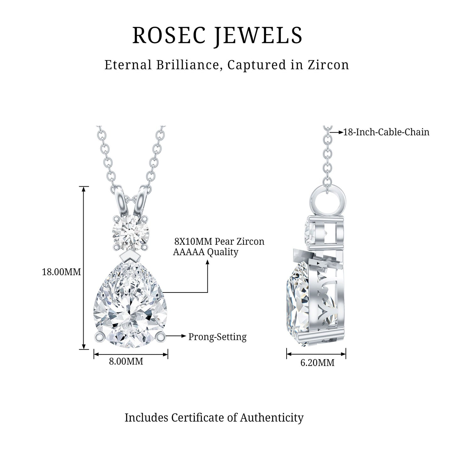 Certified 3 Carat Cubic Zirconia Pear Drop Necklace with Silver Chain