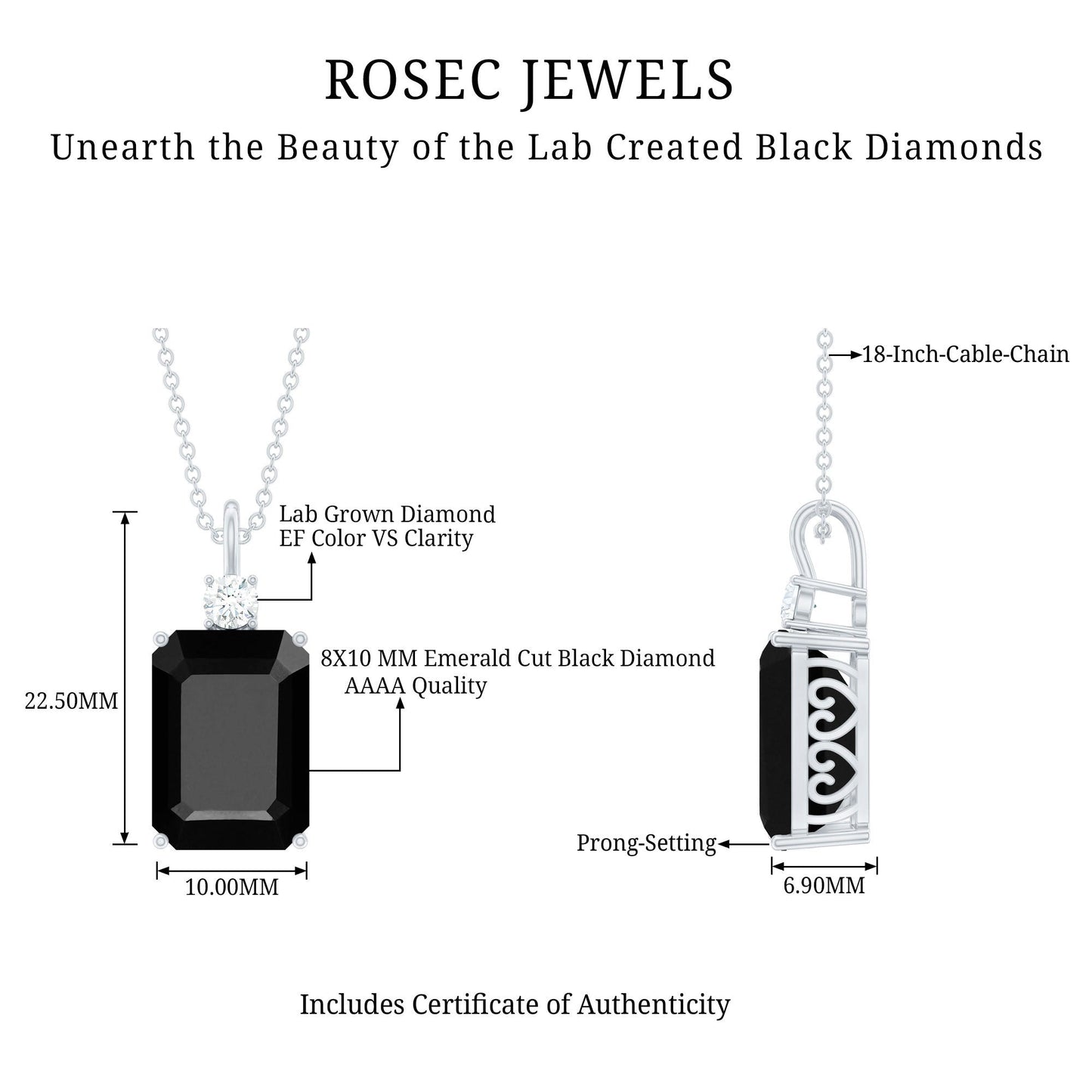 3.48 Carat Emerald Cut Lab Created Black Diamond Solitaire Necklace