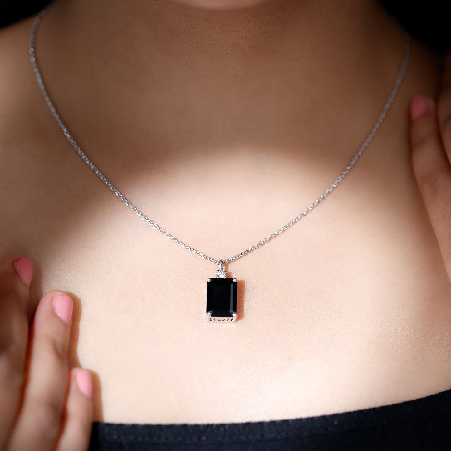 3.48 Carat Emerald Cut Lab Created Black Diamond Solitaire Necklace